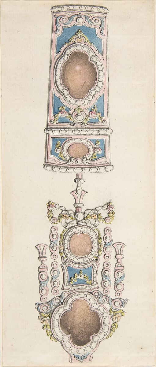 Designs for a Chatelaine and an Etui, Attributed to Pierre Moreau (French, 1722–1798 Paris), Pen and gray ink with brush and rose, blue and green wash 
