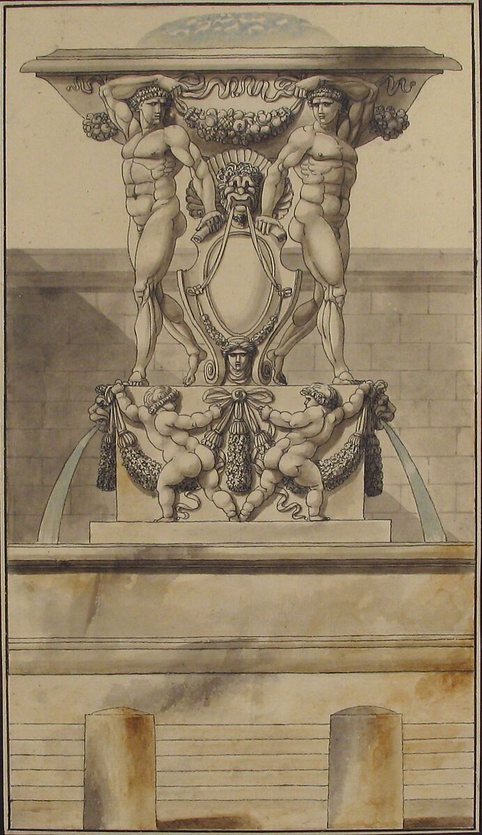 Design for a Fountain, Charles Pierre Joseph Normand (French, Goyencourt 1765–1840 Paris), Pen and black ink with brush and gray, brown and blue washes