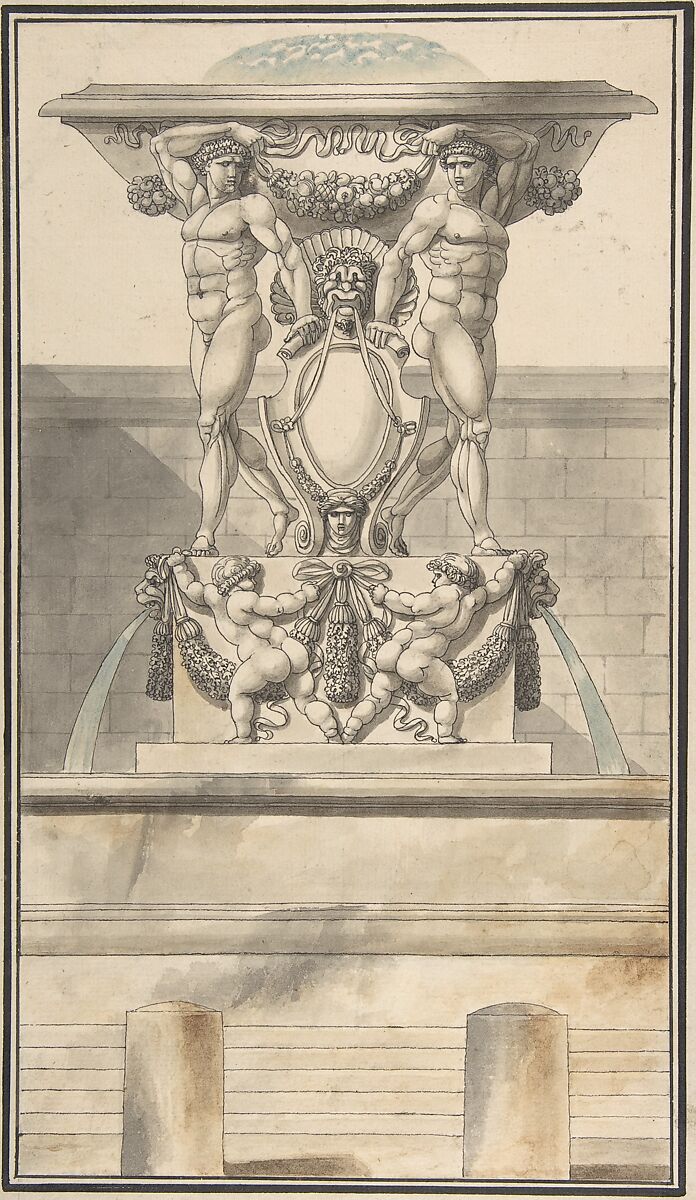 Design for a Fountain, Charles Pierre Joseph Normand (French, Goyencourt 1765–1840 Paris), Pen and black ink with brush and gray, brown and blue washes 