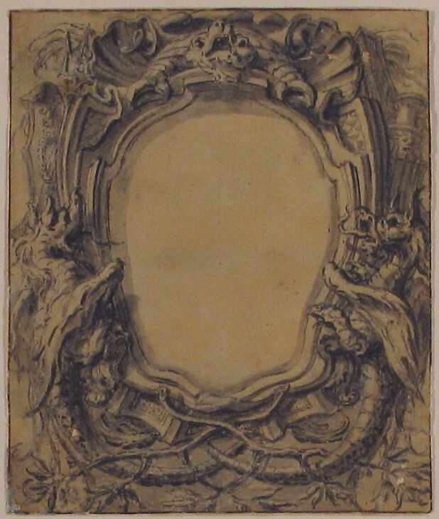 Study for a Cartouche, Gilles-Marie Oppenord (French, Paris 1672–1742 Paris), Pen and black ink, brush and gray wash; framing lines in pen and brown ink