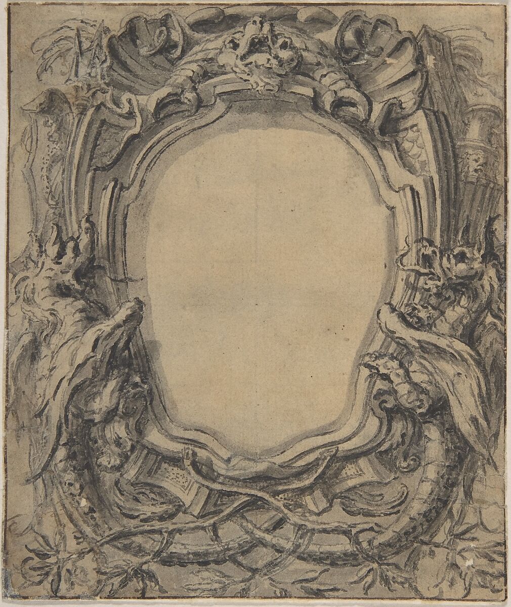 Study for a Cartouche, Gilles-Marie Oppenord (French, Paris 1672–1742 Paris), Pen and black ink with brush and gray wash. Framing lines in brown ink. 