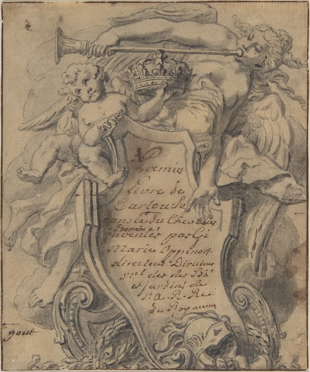 Study for a Cartouche, Gilles-Marie Oppenord (French, Paris 1672–1742 Paris), Pen and black ink with brush and gray wash. Framing lines in pen and black ink. 
