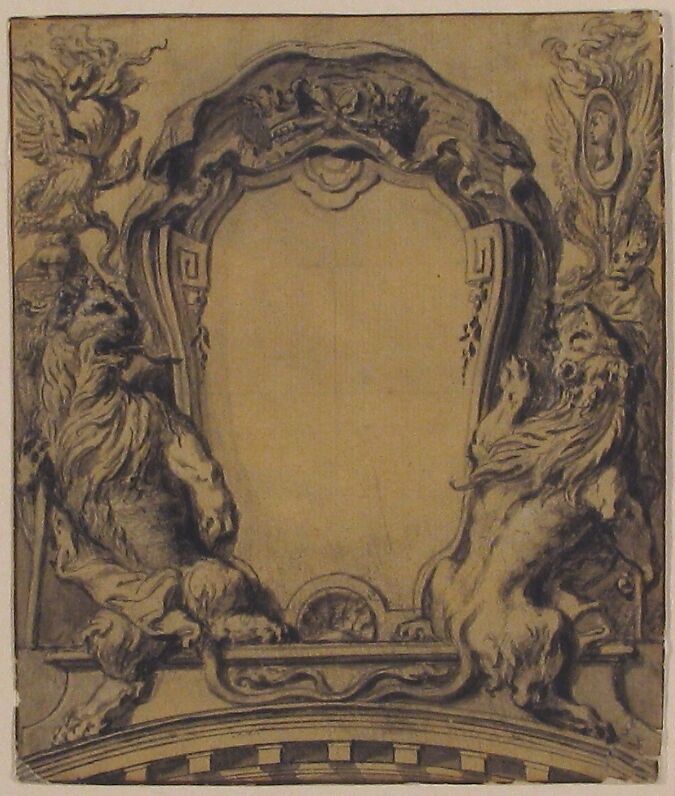 Study for a Cartouche, Gilles-Marie Oppenord (French, Paris 1672–1742 Paris), Pen and black ink, with brush and gray wash. Framing lines in pen and brown ink.
