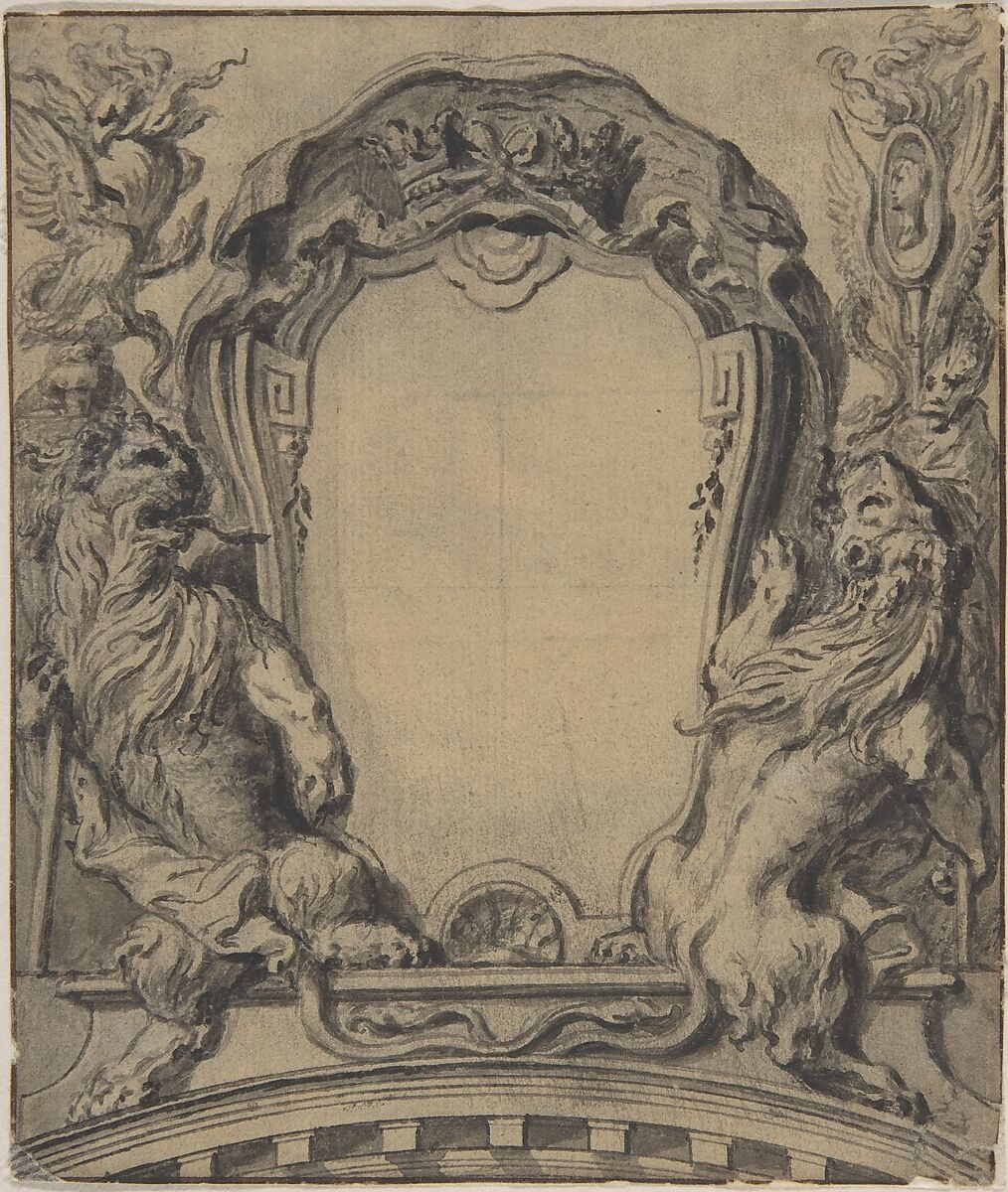 Study for a Cartouche, Gilles-Marie Oppenord (French, Paris 1672–1742 Paris), Pen and black ink, with brush and gray wash. Framing lines in pen and brown ink. 