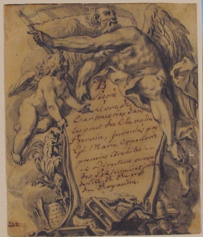 Study for a Cartouche, Gilles-Marie Oppenord (French, Paris 1672–1742 Paris), Pen and black ink, brush and gray wash; framing lines in pen and brown ink