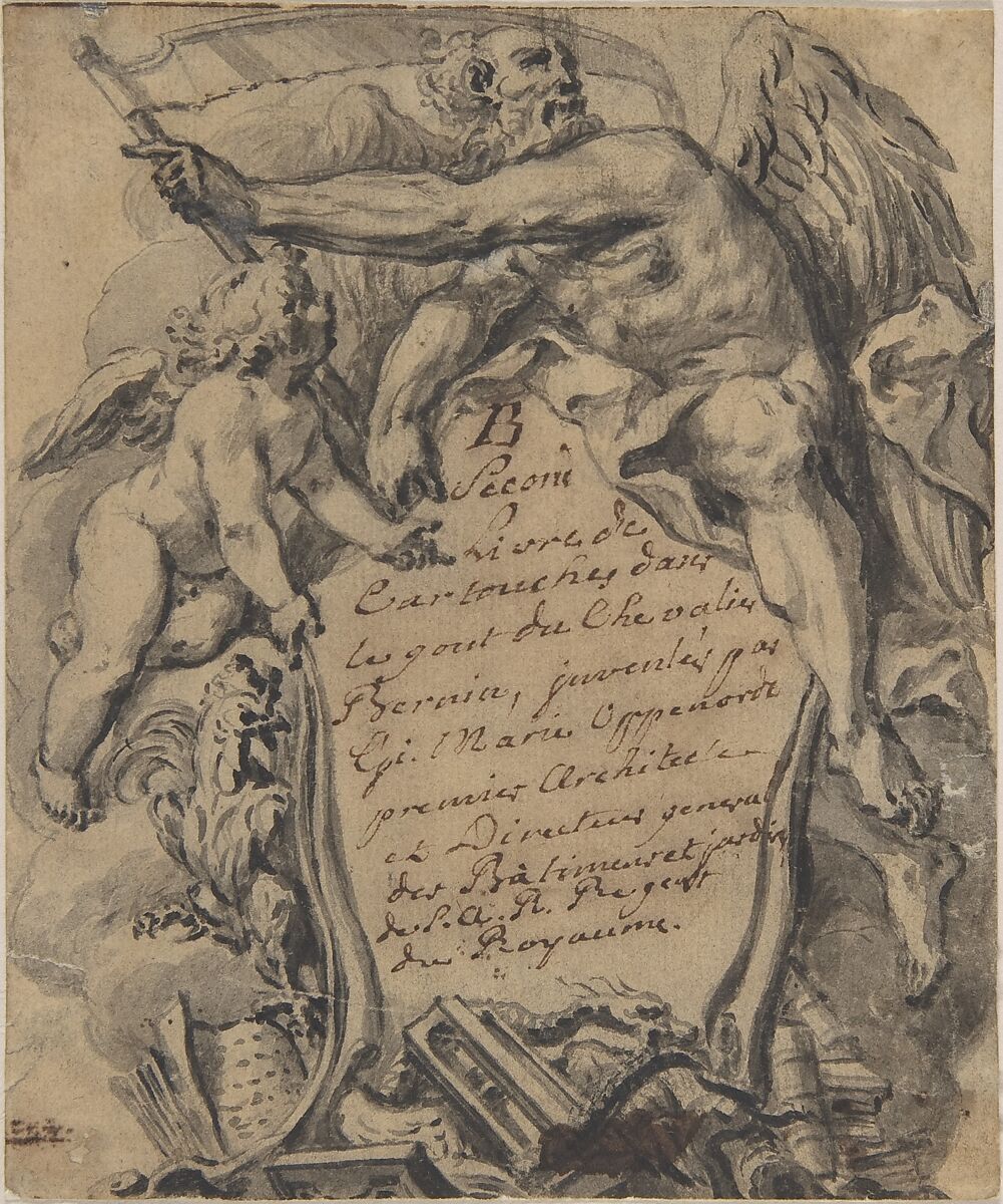 Study for a Cartouche, Gilles-Marie Oppenord (French, Paris 1672–1742 Paris), Pen and black ink, brush and gray wash; framing lines in pen and brown ink 