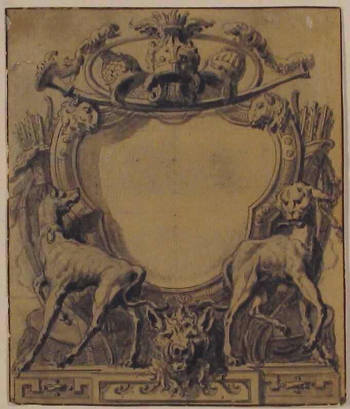 Study for a Cartouche, Gilles-Marie Oppenord (French, Paris 1672–1742 Paris), Pen and black ink with brush and gray wash. Framing lines in pen and brown ink.