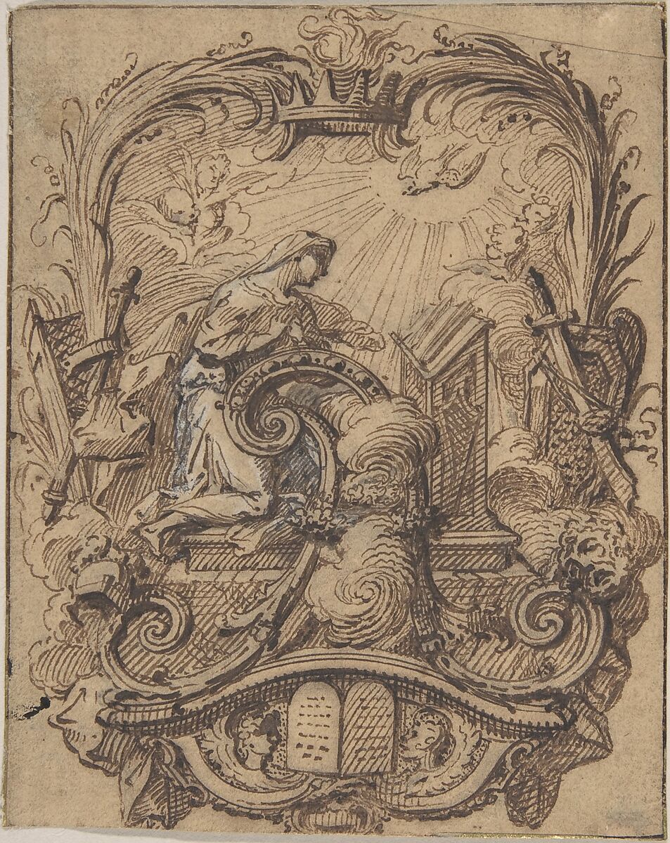 Study for a Decorated Initial A with the Annunciation, Gilles-Marie Oppenord (French, Paris 1672–1742 Paris), Pen and brown ink, heightened with white. Framing lines in pen and brown ink with some gold. 