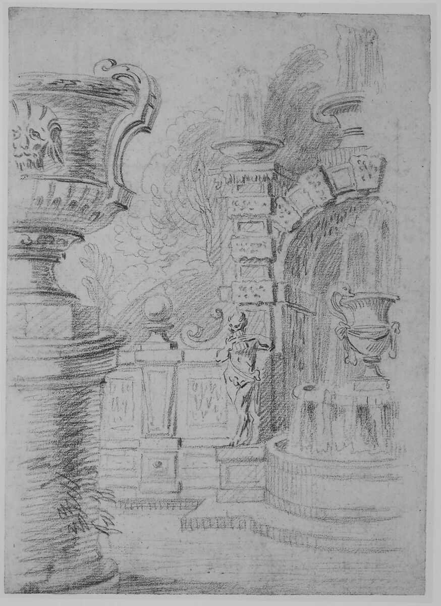 Study for a Garden Capriccio, Gilles-Marie Oppenord (French, Paris 1672–1742 Paris), Red chalk over black chalk underdrawing.