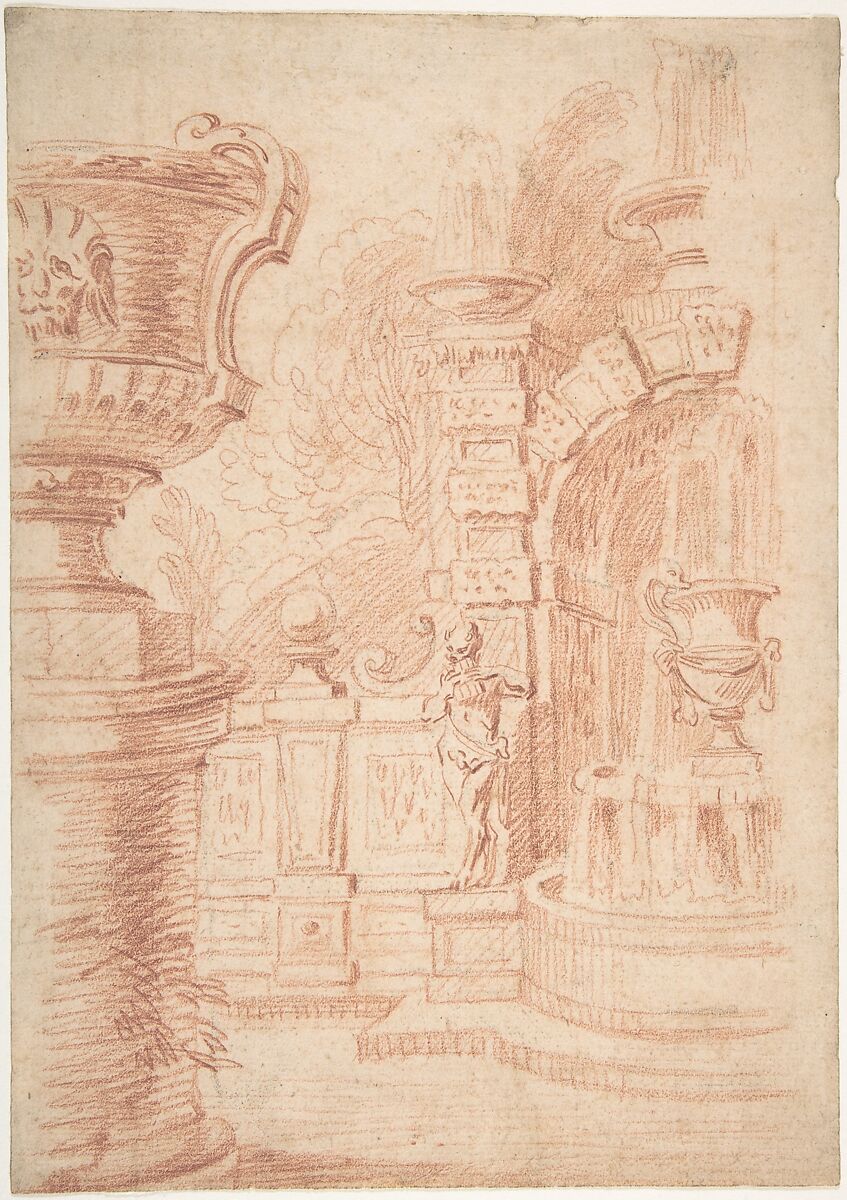 Study for a Garden Capriccio, Gilles-Marie Oppenord (French, Paris 1672–1742 Paris), Red chalk over black chalk underdrawing. 