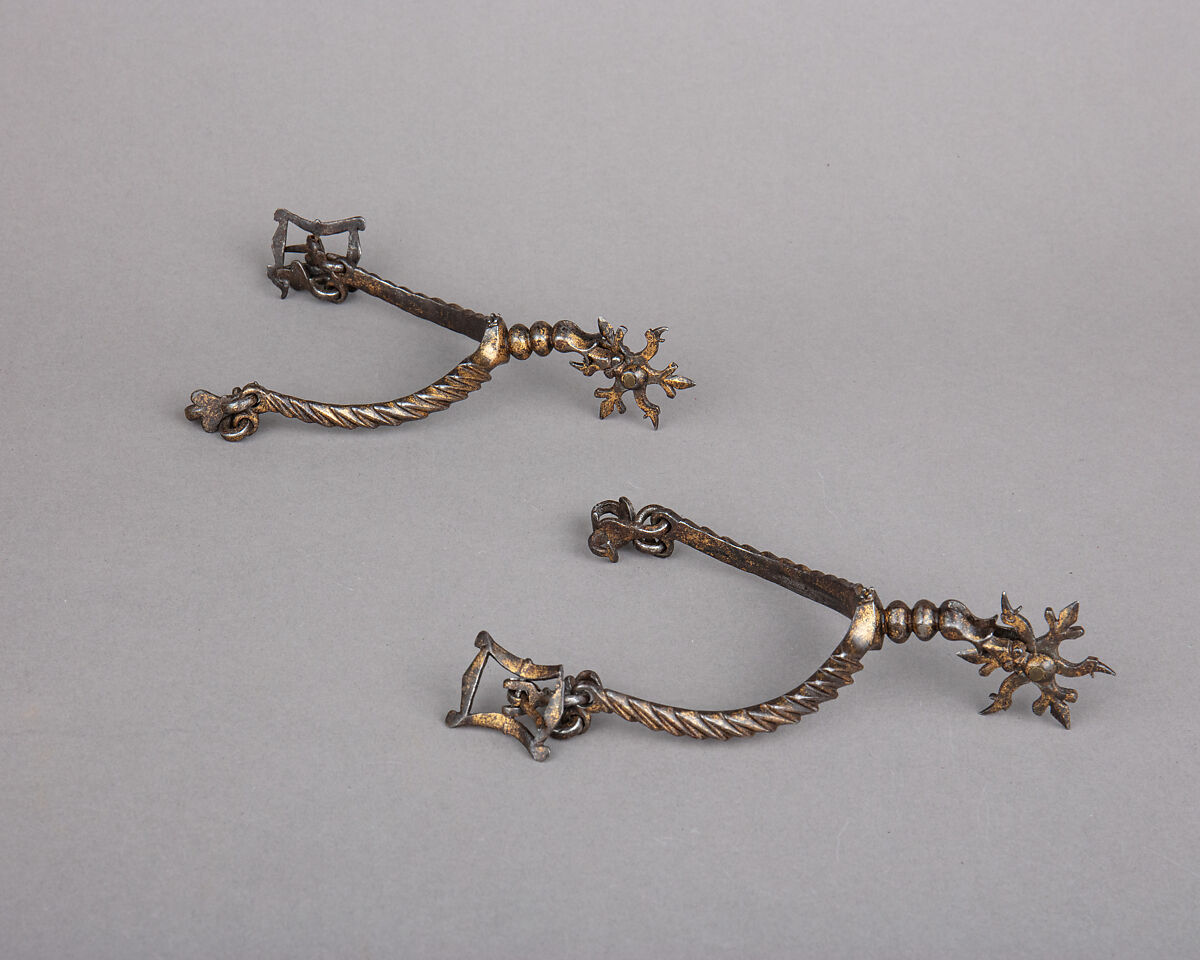 Pair of Rowel Spurs, Iron alloy, gold, German 