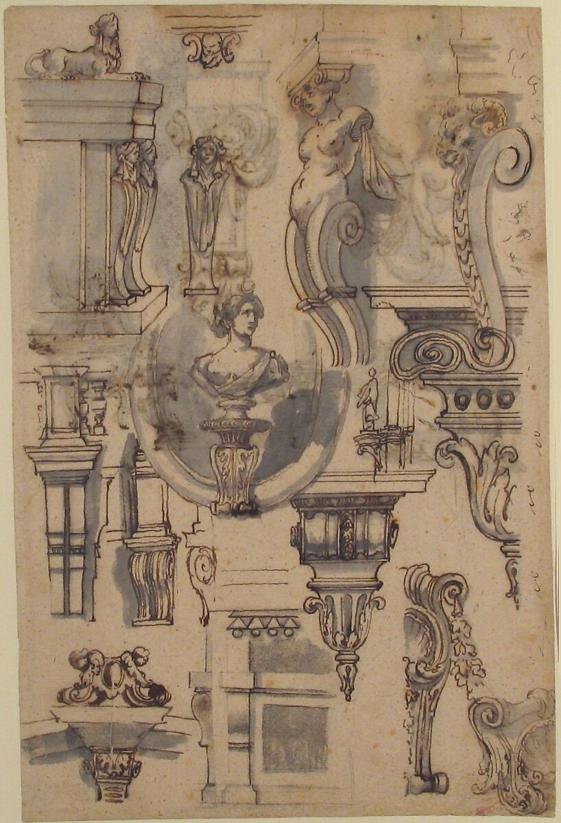 Brackets, Caryatids and other Architectural Details (recto and verso), Attributed to Gilles-Marie Oppenord (French, Paris 1672–1742 Paris), Pen and black and dark brown ink, brush and dark brown and gray wash, over traces of graphite underdrawing