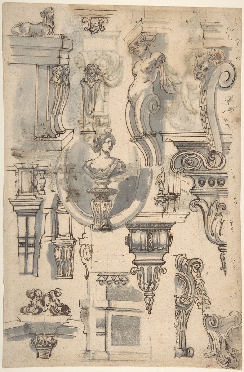 Brackets, Caryatids and other Architectural Details (recto and verso), Attributed to Gilles-Marie Oppenord (French, Paris 1672–1742 Paris), Pen and black and dark brown ink, brush and dark brown and gray wash, over traces of graphite underdrawing 