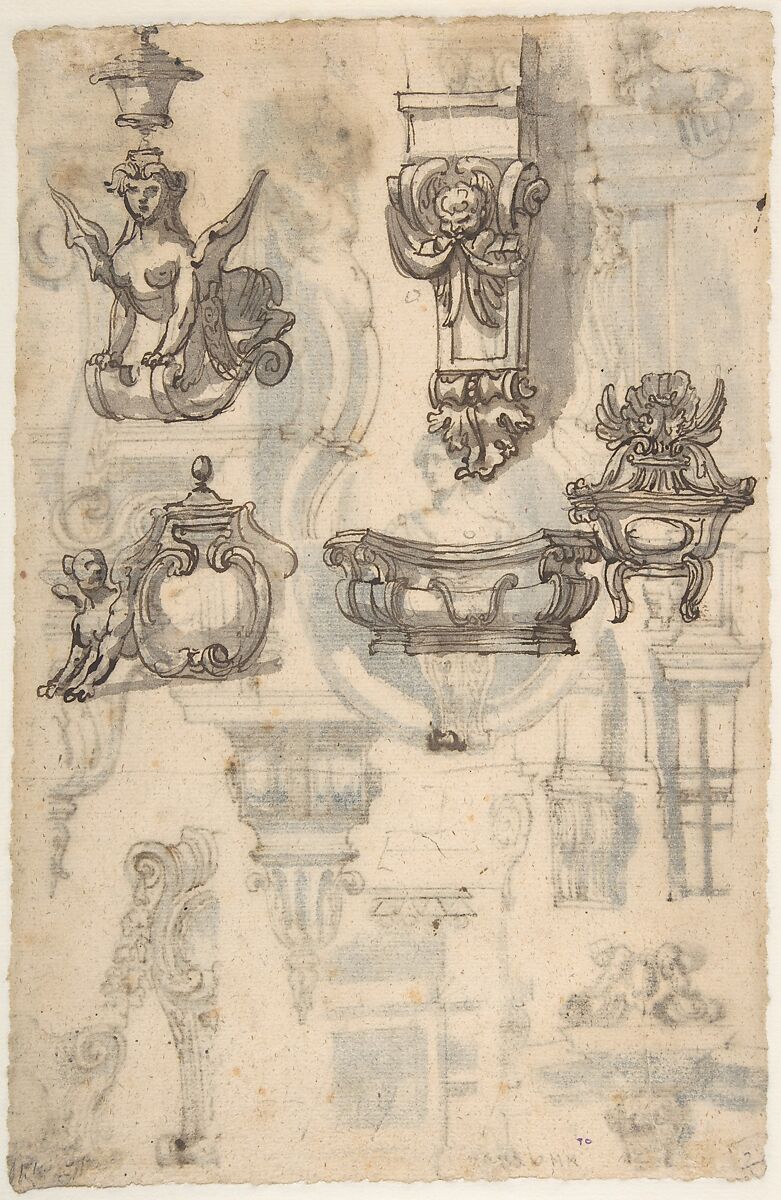 Brackets, Caryatids and other Architectural Details (recto and verso), Attributed to Gilles-Marie Oppenord (French, Paris 1672–1742 Paris), Pen and black and dark brown ink, brush and dark brown and gray wash, over traces of graphite underdrawing