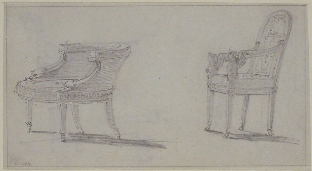 Studies for Two Armchairs (recto); sketches for Three Chairs and Parts of a Fourth (verso), Manner of Charles Percier (French, Paris 1764–1838 Paris), Graphite
