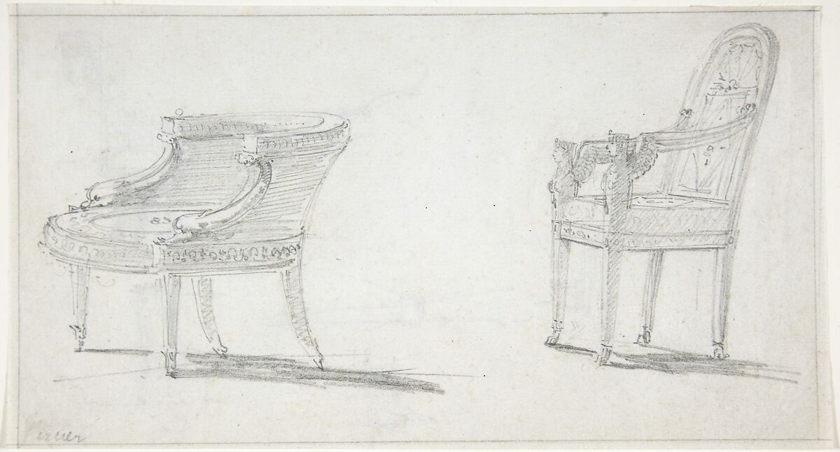 Studies for Two Armchairs (recto); sketches for Three Chairs and Parts of a Fourth (verso), Manner of Charles Percier (French, Paris 1764–1838 Paris), Graphite 