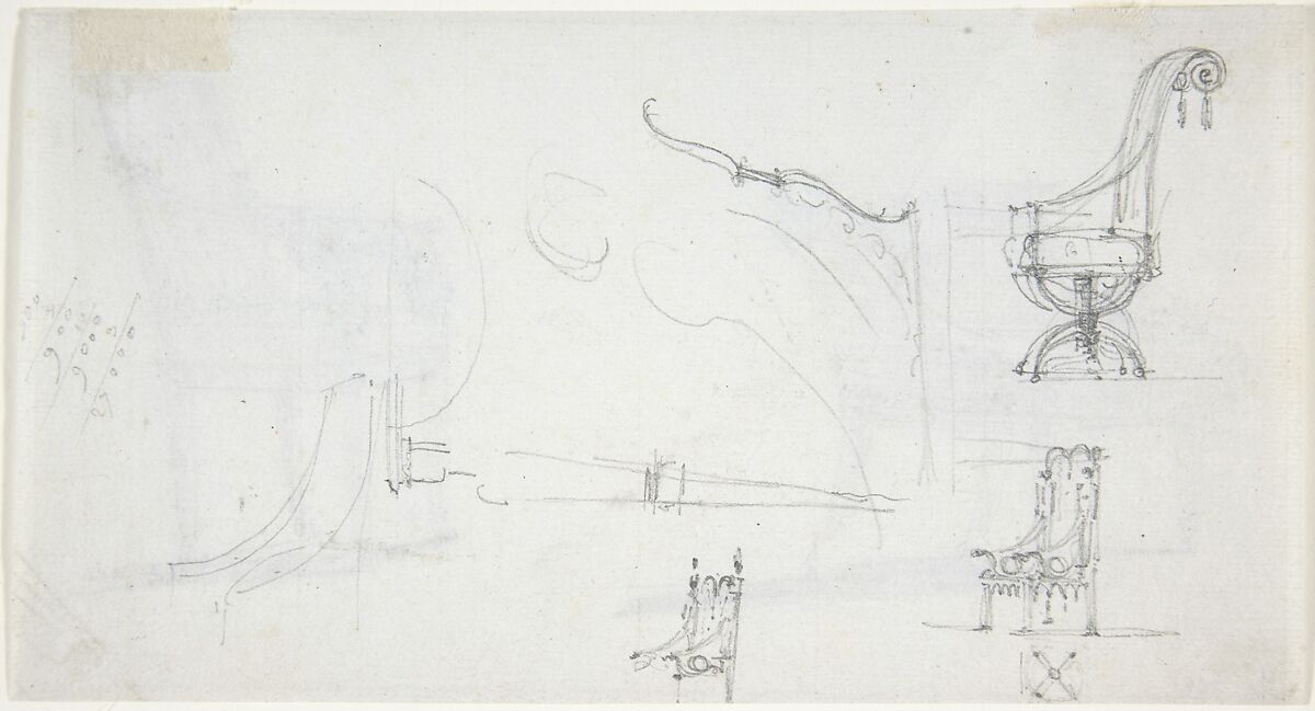 Studies for Two Armchairs (recto); sketches for Three Chairs and Parts of a Fourth (verso), Manner of Charles Percier (French, Paris 1764–1838 Paris), Graphite