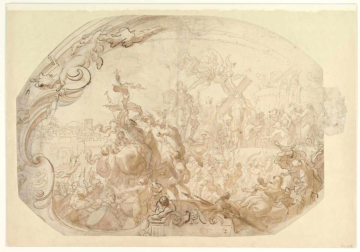 Study for Emperor Heraclius Carrying the Cross into Jerusalem, Gregorio de&#39; Ferrari (Italian, Porto Maurizio 1647–1726 Genoa), Pen and brown ink, brush and brown wash, over black chalk 