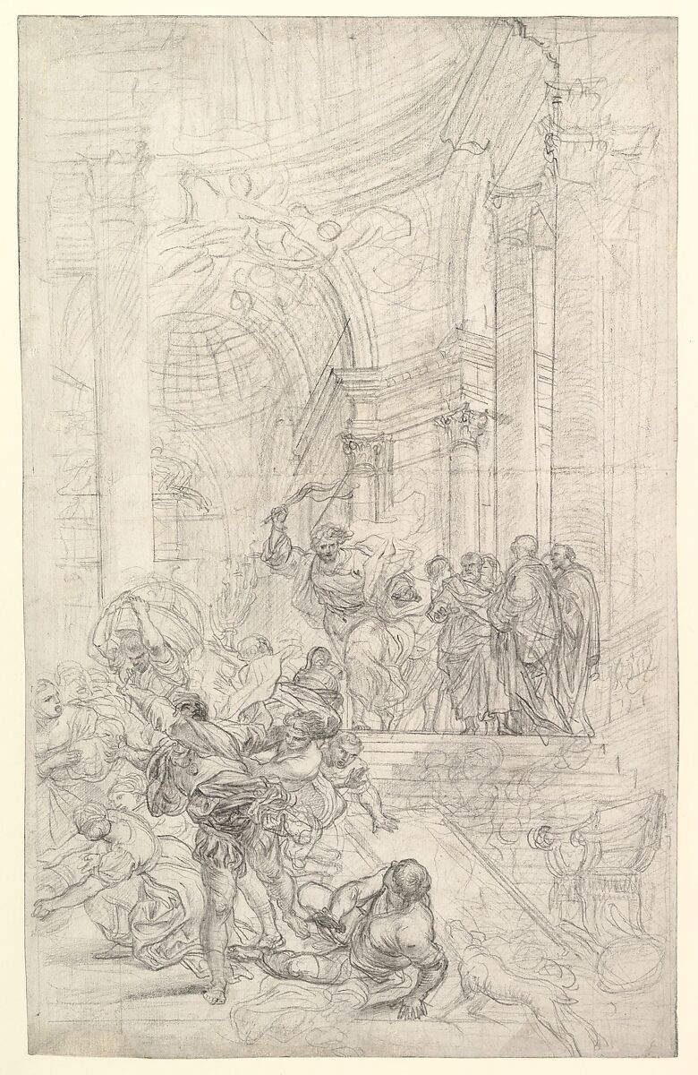 Christ Driving the Money Changers from the Temple, Lorenzo de&#39; Ferrari (Italian, Genoa 1680–1744 Genoa), Black chalk and graphite, with partial reinforcements in pen and black ink 
