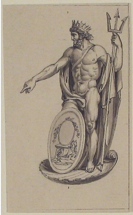 Design for Neptune with an Oval Medallion, Charles Percier (French, Paris 1764–1838 Paris), Pen and black ink with brush and gray wash