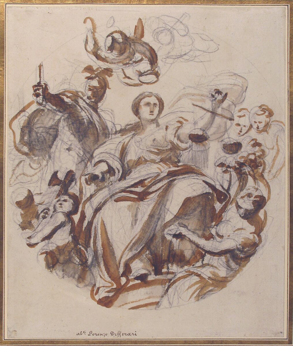 Study of Justice Dispensing Rewards to the Arts (recto); Study of a Lunette and Spandrel (verso), Lorenzo de' Ferrari (Italian, Genoa 1680–1744 Genoa), Brush and brown wash, over black chalk (recto); faint study of a lunette and spandrel, in black chalk (verso)