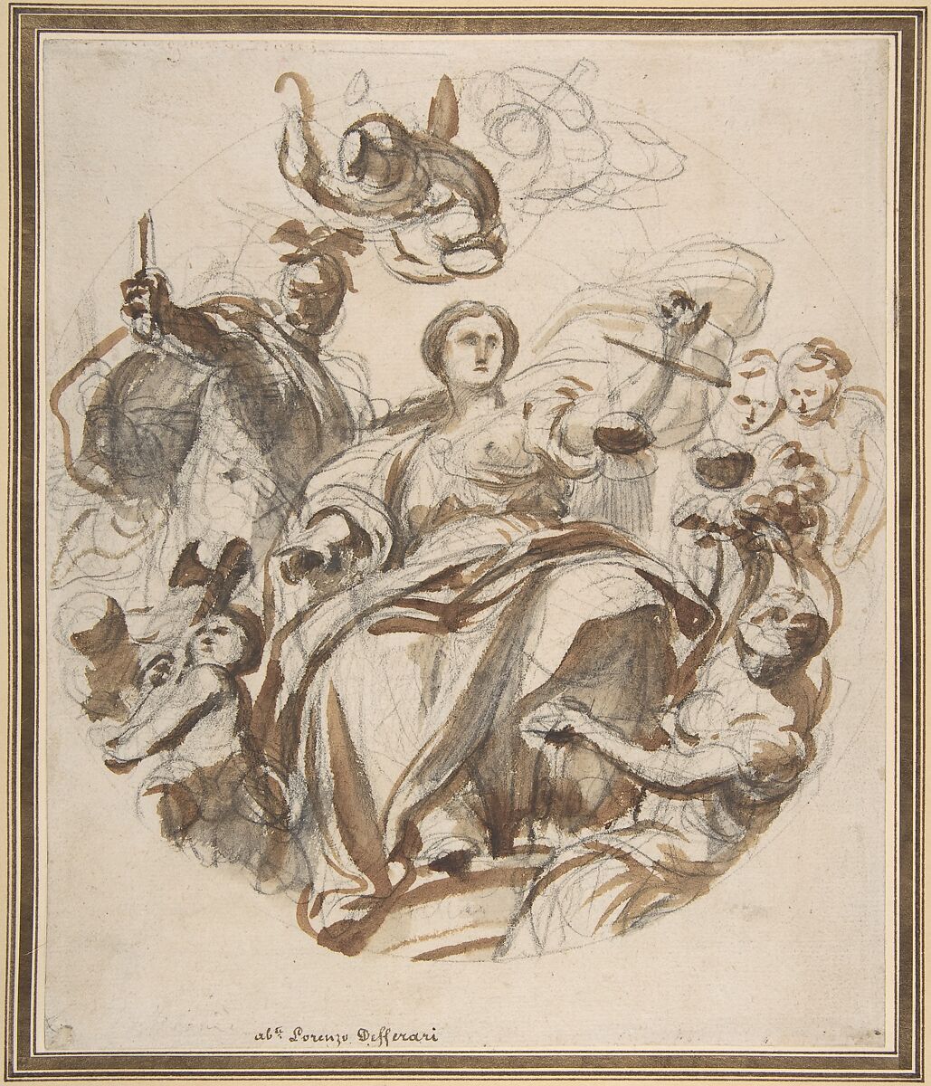 Study of Justice Dispensing Rewards to the Arts (recto); Study of a Lunette and Spandrel (verso), Lorenzo de&#39; Ferrari (Italian, Genoa 1680–1744 Genoa), Brush and brown wash, over black chalk (recto); faint study of a lunette and spandrel, in black chalk (verso) 