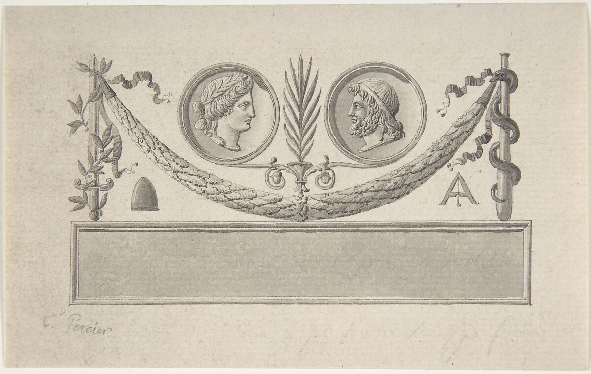 Vignette with Two Portrait Medallions, Charles Percier (French, Paris 1764–1838 Paris), Pen and gray ink with brush and gray wash 