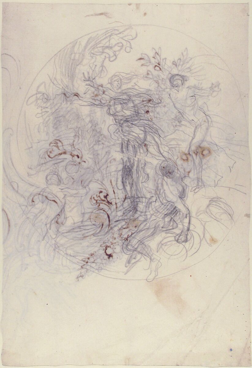 Design for a Ceiling Decoration (recto); Daphne Pursued by Apollo (verso), Lorenzo de' Ferrari (Italian, Genoa 1680–1744 Genoa), Pen and brown ink, over black chalk (recto); black chalk (verso)