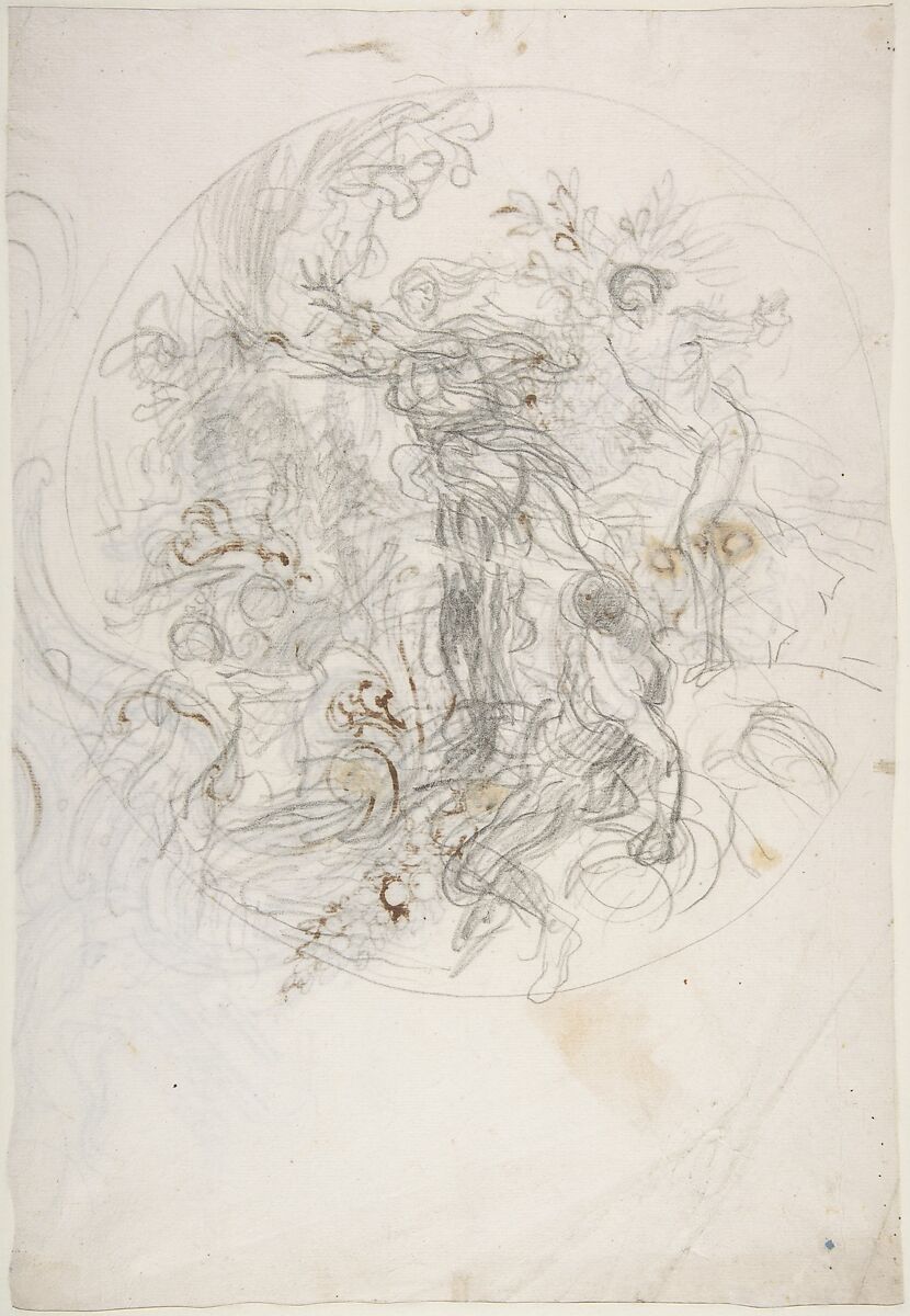 Design for a Ceiling Decoration (recto); Daphne Pursued by Apollo (verso), Lorenzo de' Ferrari (Italian, Genoa 1680–1744 Genoa), Pen and brown ink, over black chalk (recto); black chalk (verso)