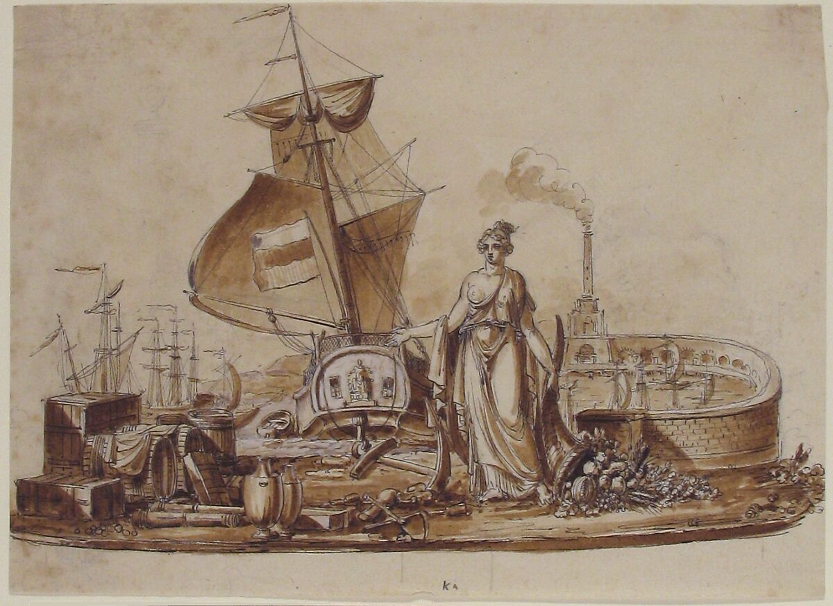 Allegory of Shipping, Charles Percier (French, Paris 1764–1838 Paris), Pen and black ink with brush and brown wash with white heightening over graphite underdrawing