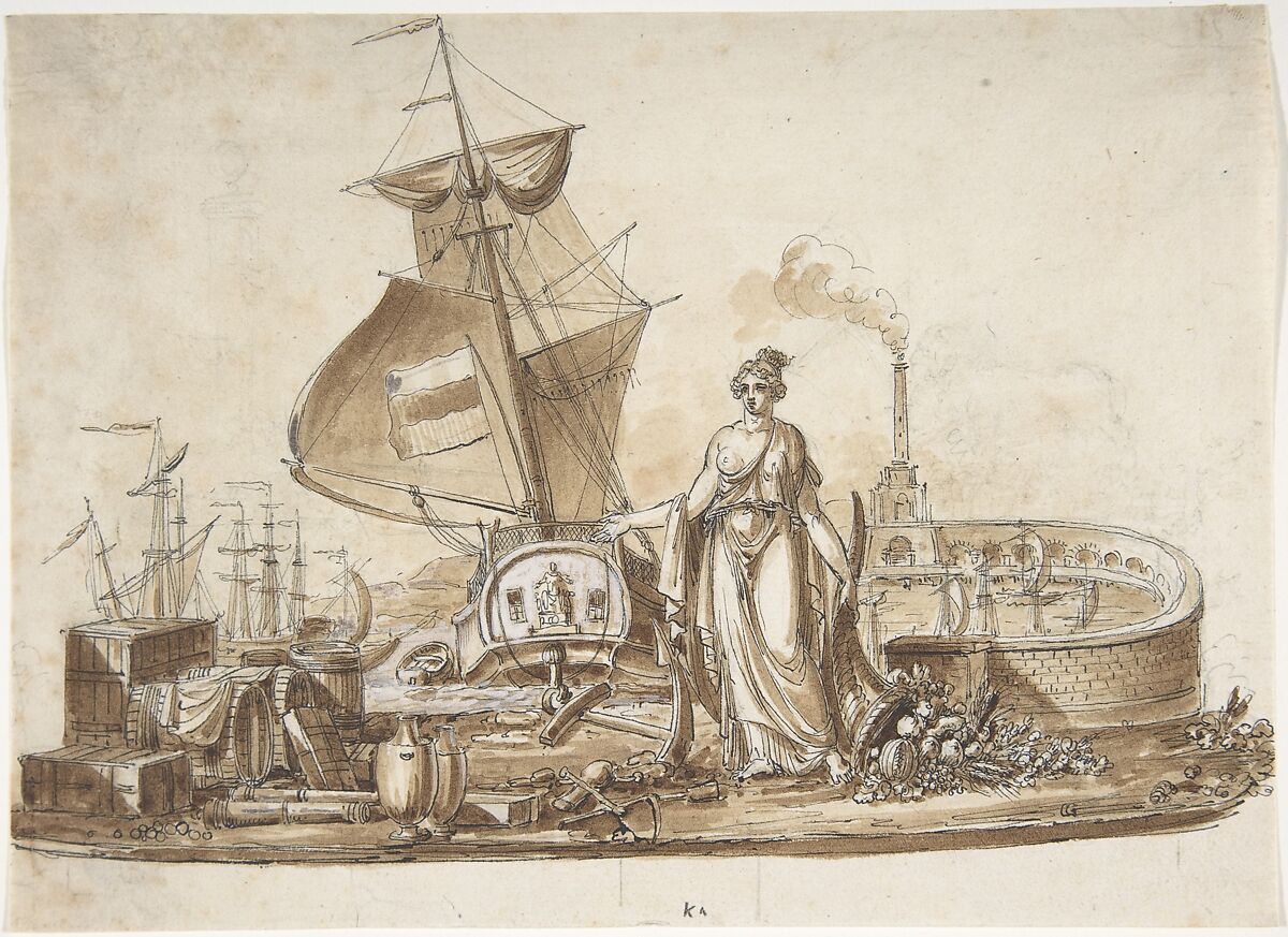 Allegory of Shipping, Charles Percier (French, Paris 1764–1838 Paris), Pen and black ink with brush and brown wash with white heightening over graphite underdrawing 