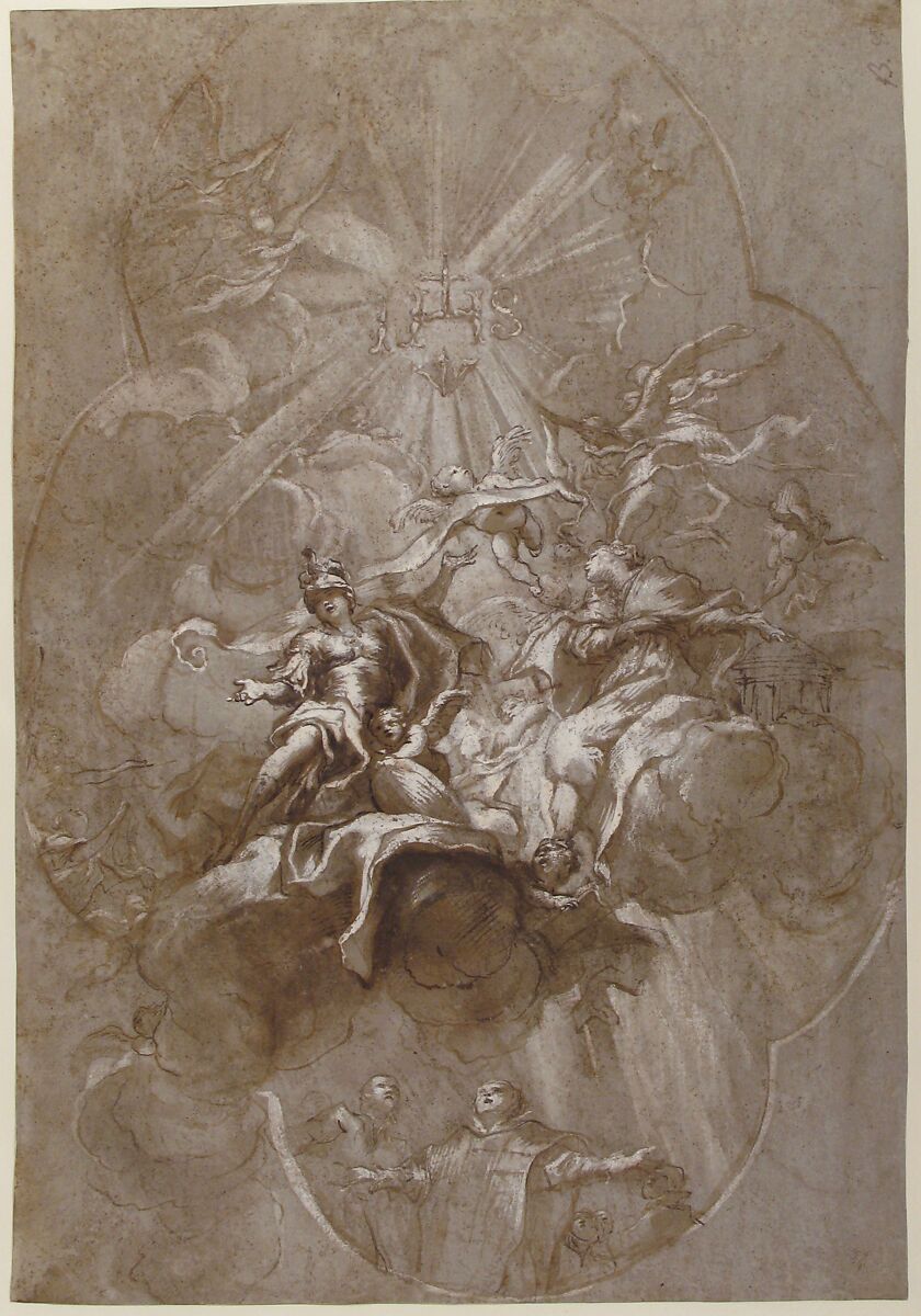 Ceiling Design with the Glorification of the Name of Jesus (recto); Aurora and Cephalus (verso), attributed to Lorenzo de' Ferrari (Italian, Genoa 1680–1744 Genoa), Pen and brown ink, brush and brown wash, heightened with white, on blue-gray paper (recto); pen and brown ink, brush and brown wash, heightened with white, over black chalk (verso)