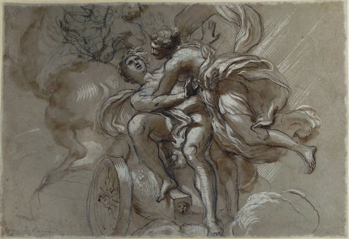 Ceiling Design with the Glorification of the Name of Jesus (recto); Aurora and Cephalus (verso), attributed to Lorenzo de' Ferrari (Italian, Genoa 1680–1744 Genoa), Pen and brown ink, brush and brown wash, heightened with white, on blue-gray paper (recto); pen and brown ink, brush and brown wash, heightened with white, over black chalk (verso)