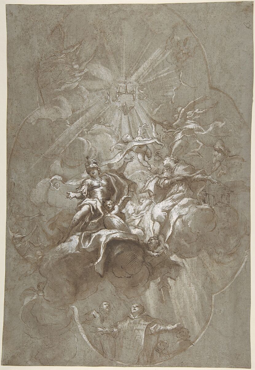 Ceiling Design with the Glorification of the Name of Jesus (recto); Aurora and Cephalus (verso), attributed to Lorenzo de&#39; Ferrari (Italian, Genoa 1680–1744 Genoa), Pen and brown ink, brush and brown wash, heightened with white, on blue-gray paper (recto); pen and brown ink, brush and brown wash, heightened with white, over black chalk (verso) 