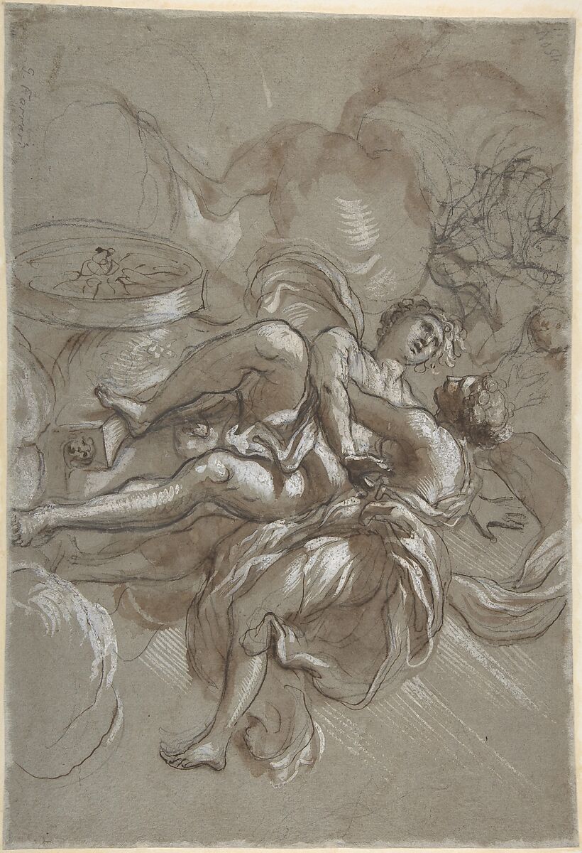Ceiling Design with the Glorification of the Name of Jesus (recto); Aurora and Cephalus (verso), attributed to Lorenzo de' Ferrari (Italian, Genoa 1680–1744 Genoa), Pen and brown ink, brush and brown wash, heightened with white, on blue-gray paper (recto); pen and brown ink, brush and brown wash, heightened with white, over black chalk (verso)