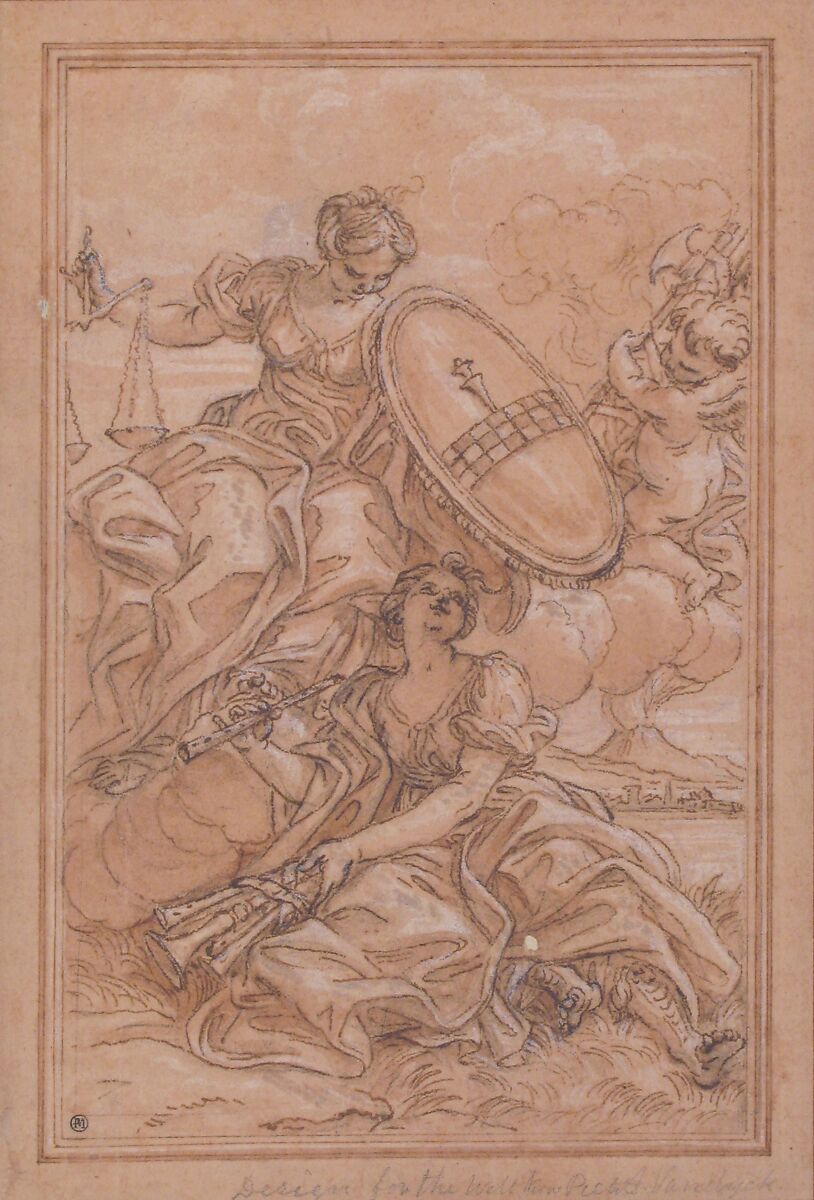 Allegorical Composition: Music and Justice with the Spinola Arms, Giovanni Battista Gaulli (Il Baciccio) (Italian, Genoa 1639–1709 Rome), Pen and brown ink, brush and brown wash, highlighted with white, over black chalk, on rose-washed paper