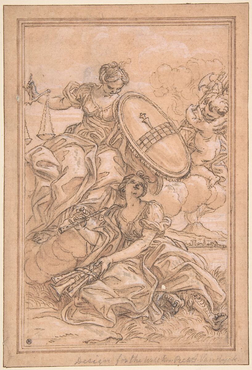 Allegorical Composition: Music and Justice with the Spinola Arms, Giovanni Battista Gaulli (Il Baciccio) (Italian, Genoa 1639–1709 Rome), Pen and brown ink, brush and brown wash, highlighted with white, over black chalk, on rose-washed paper 