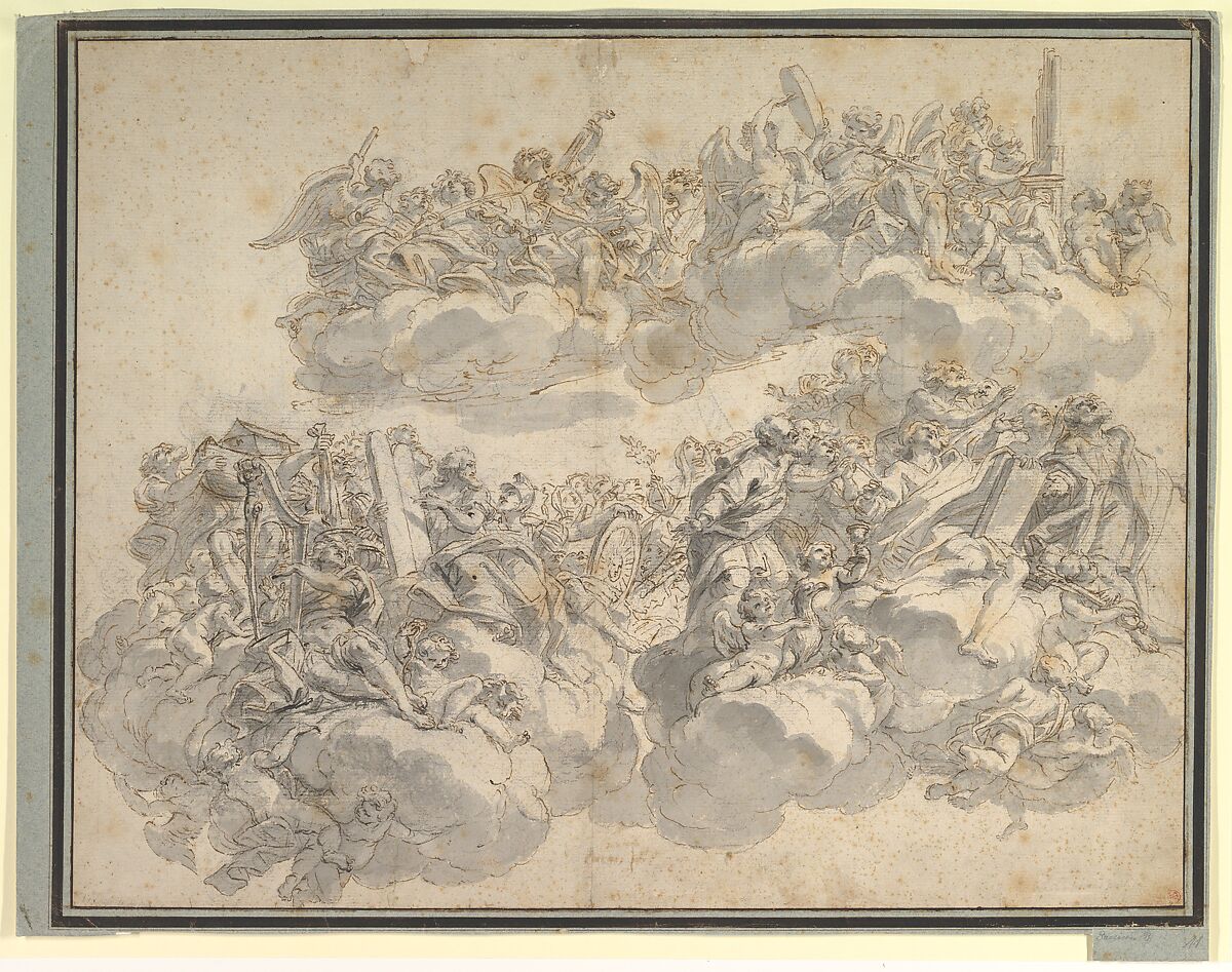 Prophets, Patriarchs, Saints, and Music-Making Angels in Glory, Giovanni Battista Gaulli (Il Baciccio) (Italian, Genoa 1639–1709 Rome), Pen and brown ink, brush and gray wash, over black chalk 