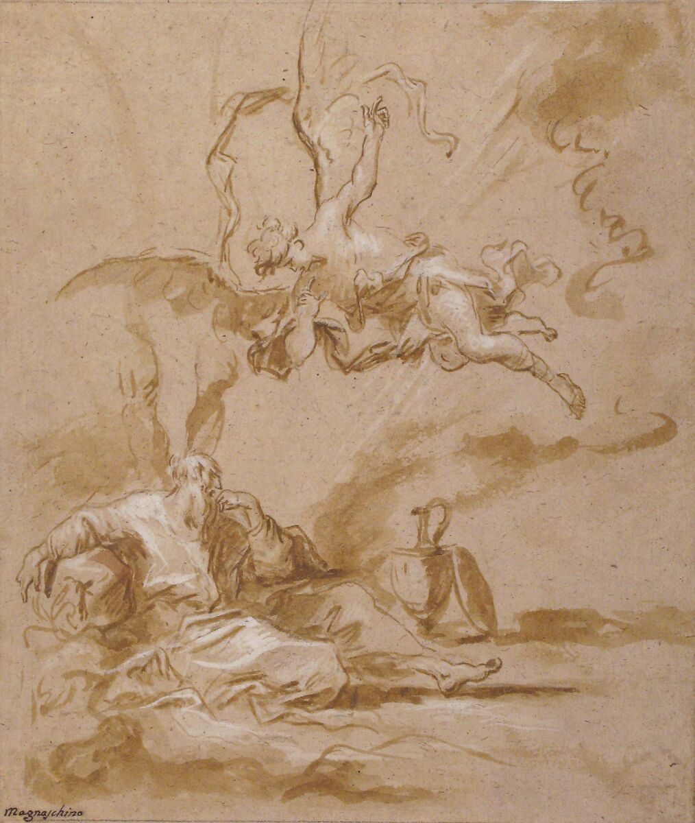 Elijah Visited by an Angel in the Wilderness (1 Kings 19:4-8), Alessandro Magnasco (Italian, Genoa 1667–1749 Genoa), Brush and brown wash, highlighted with white, over traces of black chalk, on light brown paper