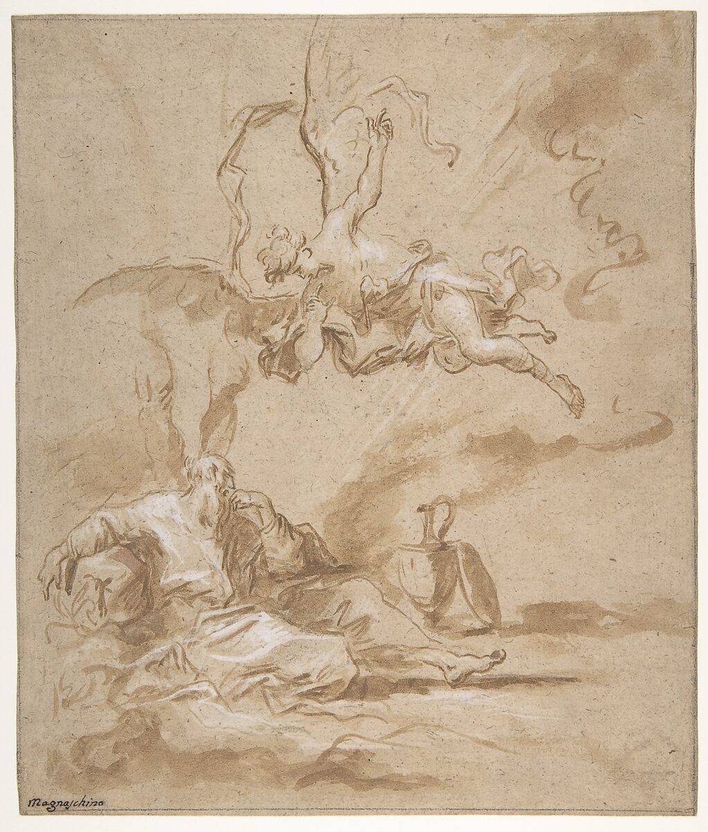 Elijah Visited by an Angel in the Wilderness (1 Kings 19:4-8), Alessandro Magnasco  Italian, Brush and brown wash, highlighted with white, over traces of black chalk, on light brown paper