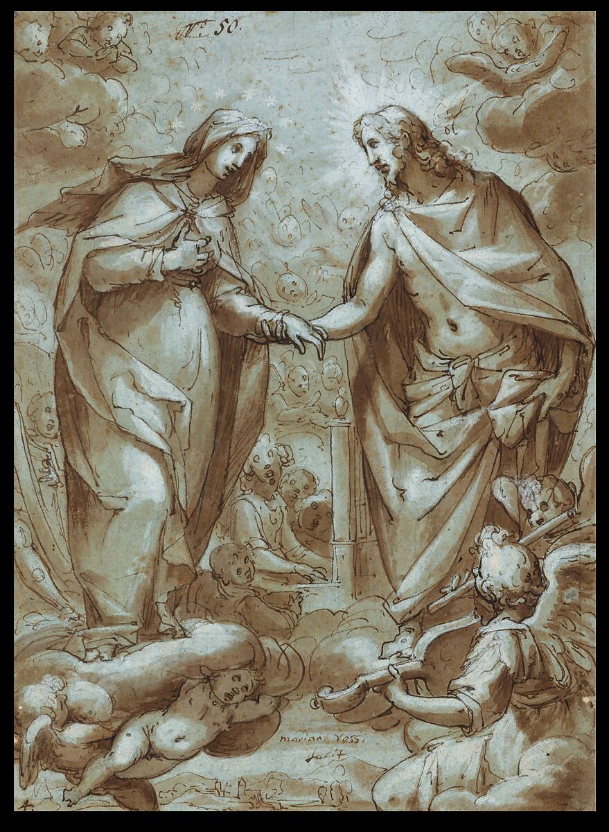 Christ Receiving the Virgin into Heaven, Giovanni Battista Paggi (Italian, Genoa 1554–1627 Genoa), Pen and brown ink, brush and brown wash, highlighted with white and light pink, over black chalk