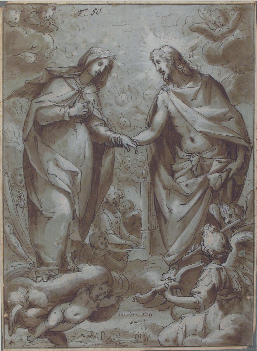 Christ Receiving the Virgin into Heaven, Giovanni Battista Paggi (Italian, Genoa 1554–1627 Genoa), Pen and brown ink, brush and brown wash, highlighted with white and light pink, over black chalk