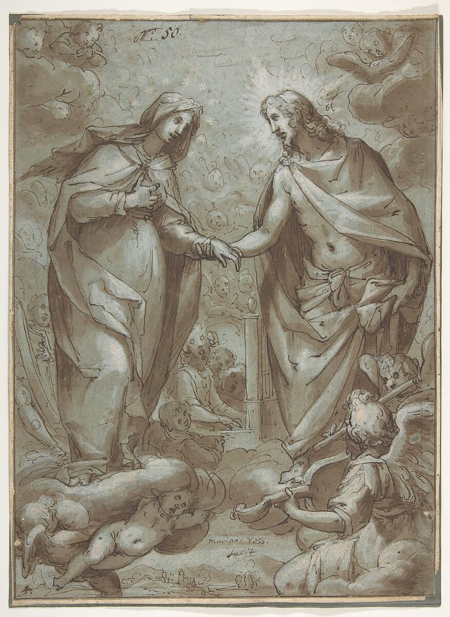 Christ Receiving the Virgin into Heaven, Giovanni Battista Paggi (Italian, Genoa 1554–1627 Genoa), Pen and brown ink, brush and brown wash, highlighted with white and light pink, over black chalk, on blue-green paper 