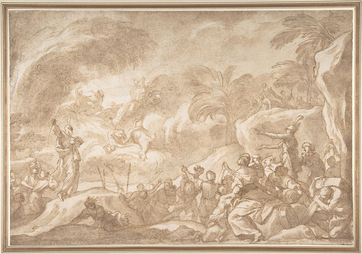 Moses and the Chosen People Behold the Drowning of the Egyptian Army in the Red Sea, Domenico Piola (Italian, Genoa 1627–1703 Genoa), Pen and brown ink, brush and brown wash, over traces of charcoal 
