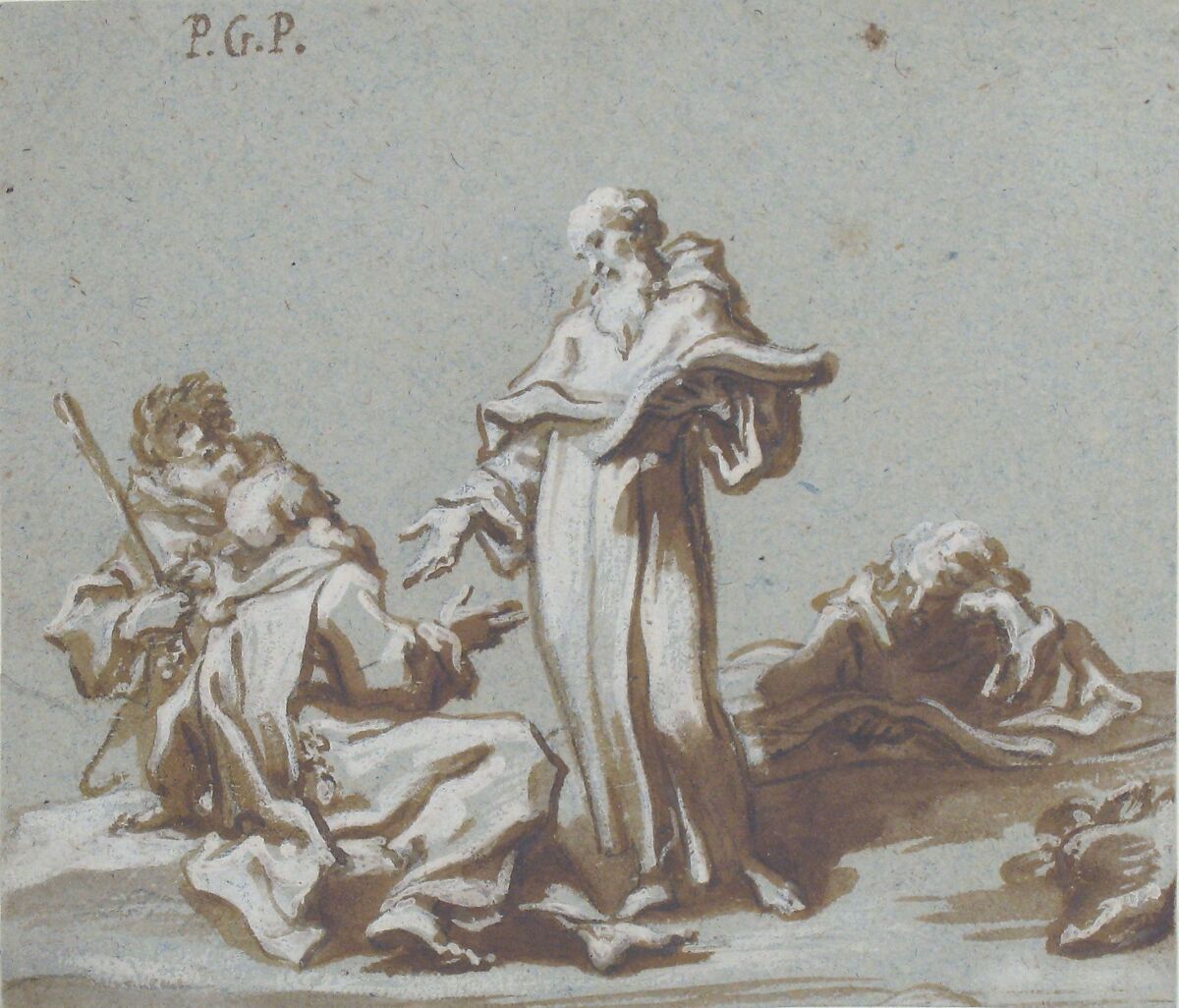Scene with Four Figures of Monks Discoursing, Paolo Gerolamo Piola (Italian, Genoa 1666–1724 Genoa), Brush and brown wash, highlighted with white, over charcoal, on blue-gray paper