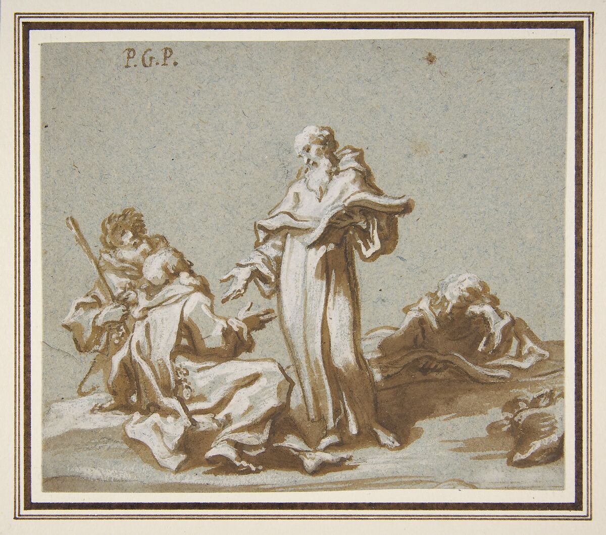 Scene with Four Figures of Monks Discoursing, Paolo Gerolamo Piola (Italian, Genoa 1666–1724 Genoa), Brush and brown wash, highlighted with white, over charcoal, on blue-gray paper 