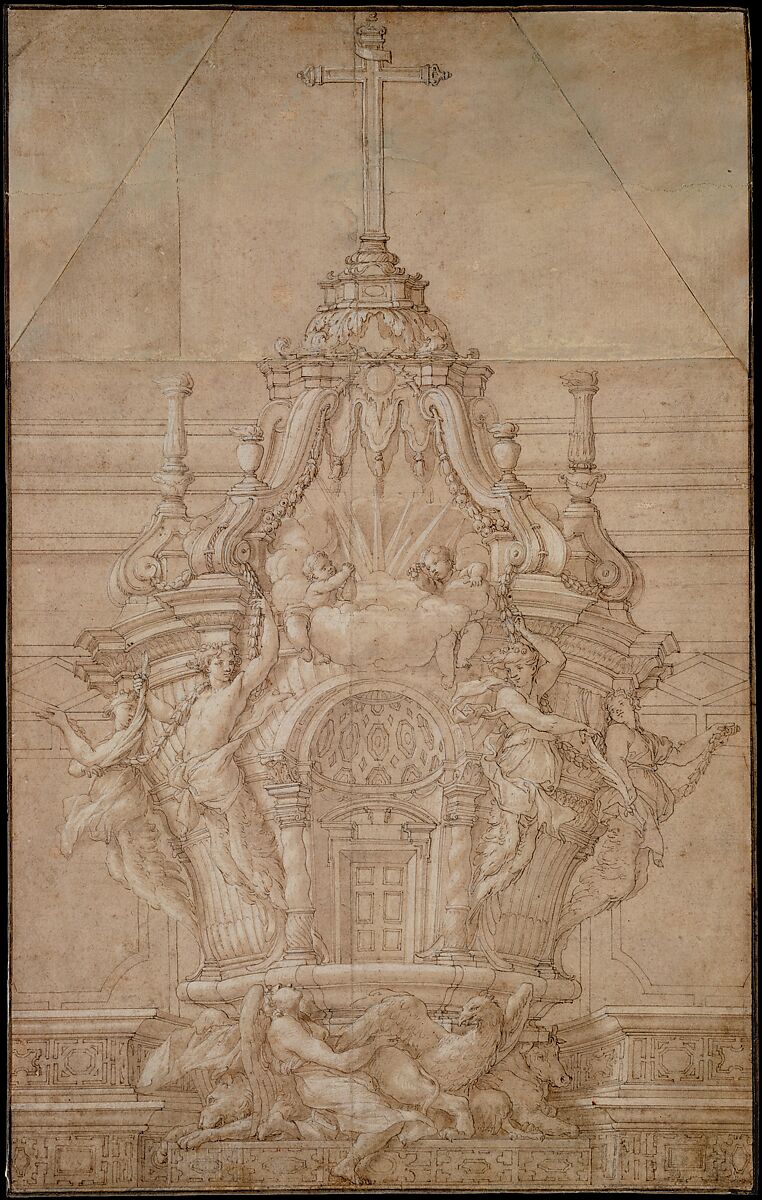 Design for a Tabernacle, Pierre Puget (French, Château Follet 1620–1694 Fougette), Pen and brown ink, brush and brown wash, heightened with white, over graphite; framing lines in pen and brown ink