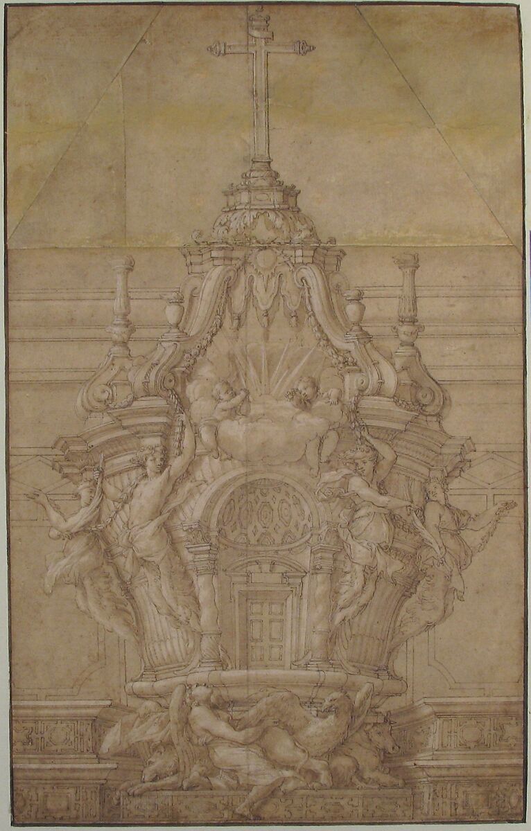 Design for a Tabernacle, Pierre Puget (French, Château Follet 1620–1694 Fougette), Pen and brown ink, brush and brown wash, heightened with white, over graphite; framing lines in pen and brown ink