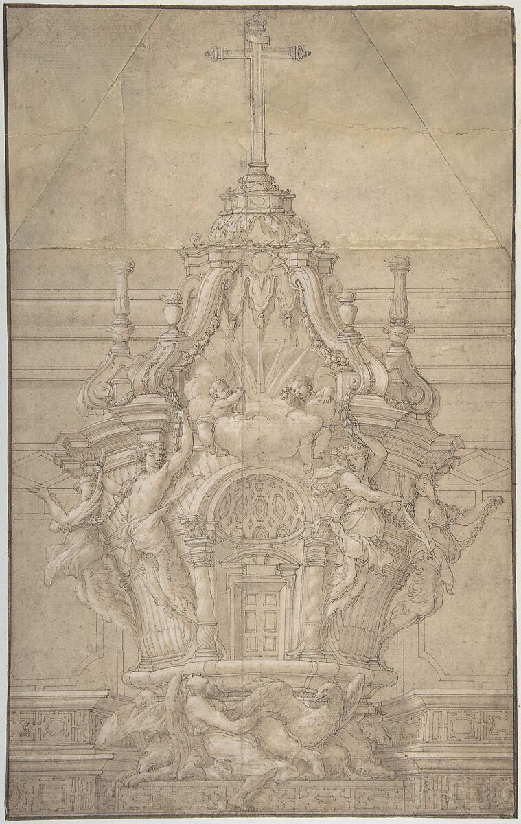 Design for a Tabernacle, Pierre Puget (French, Château Follet 1620–1694 Fougette), Pen and brown ink, brush and brown wash, heightened with white, over graphite; framing lines in pen and brown ink 