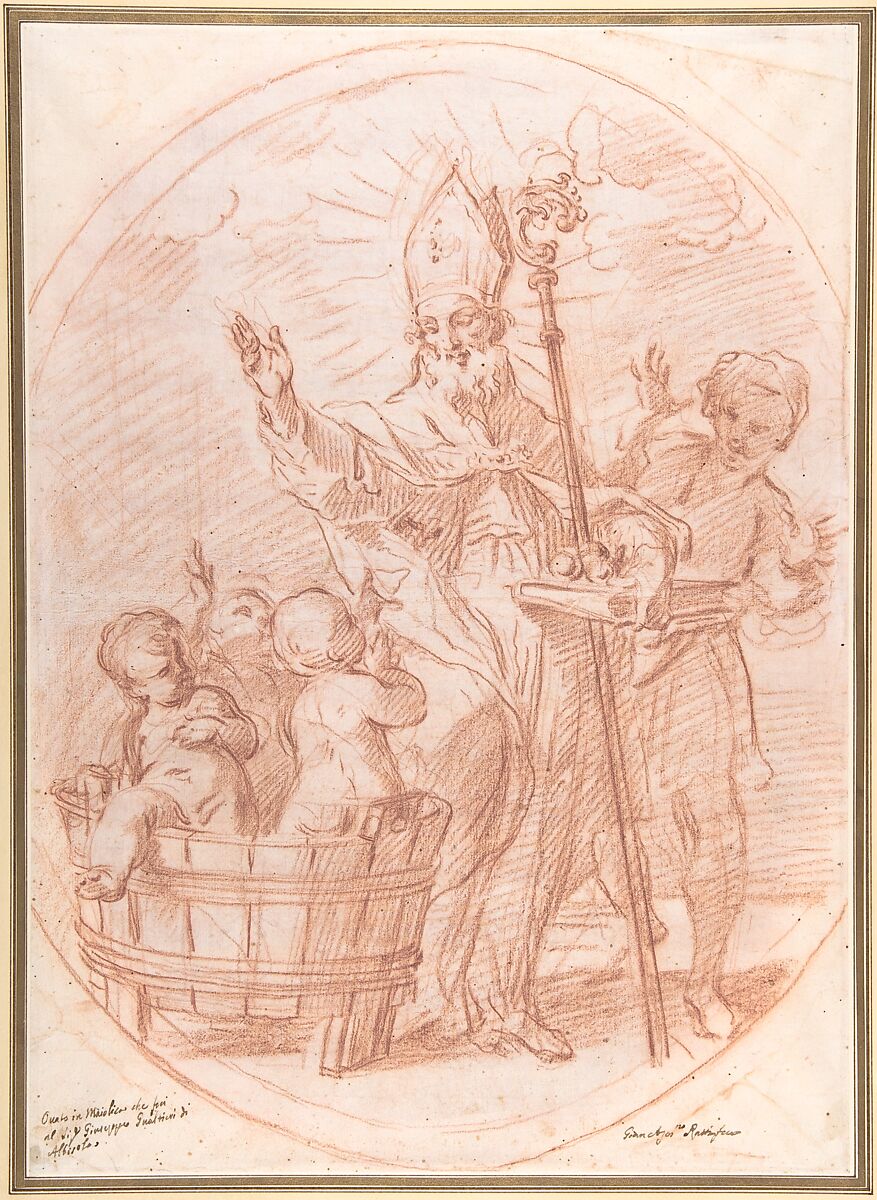 Saint Nicholas of Bari Resuscitating Three Children Discovered in a Tub of Brine, Giovanni Agostino Ratti (Italian, Savona 1699–1795 Genoa), Red chalk; verso rubbed in red chalk 